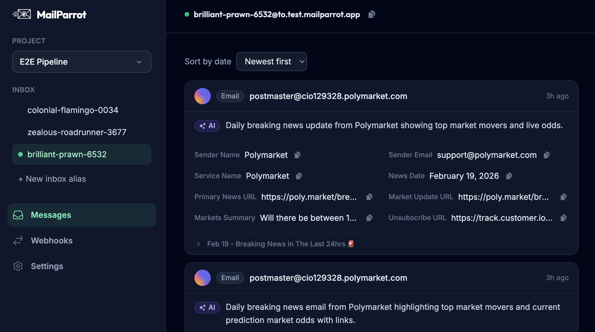 MailParrot dashboard showing inbox messages with AI summaries and extracted data